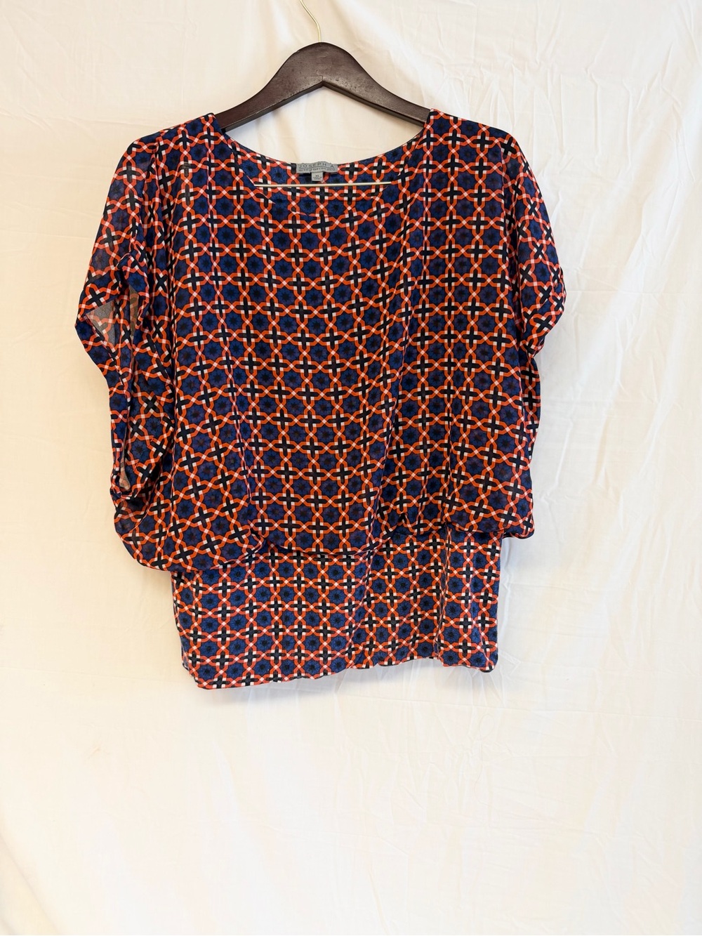 Joseph A Navy Blouse with Orange Geometric Print